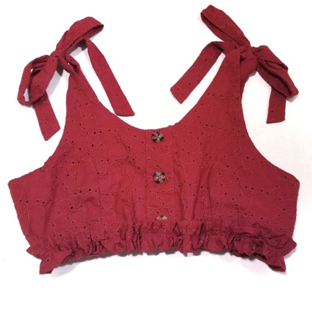 Notebuk Red Heart Eyelet Crop Top Shoulder Ties Juniors Faux Button Up M